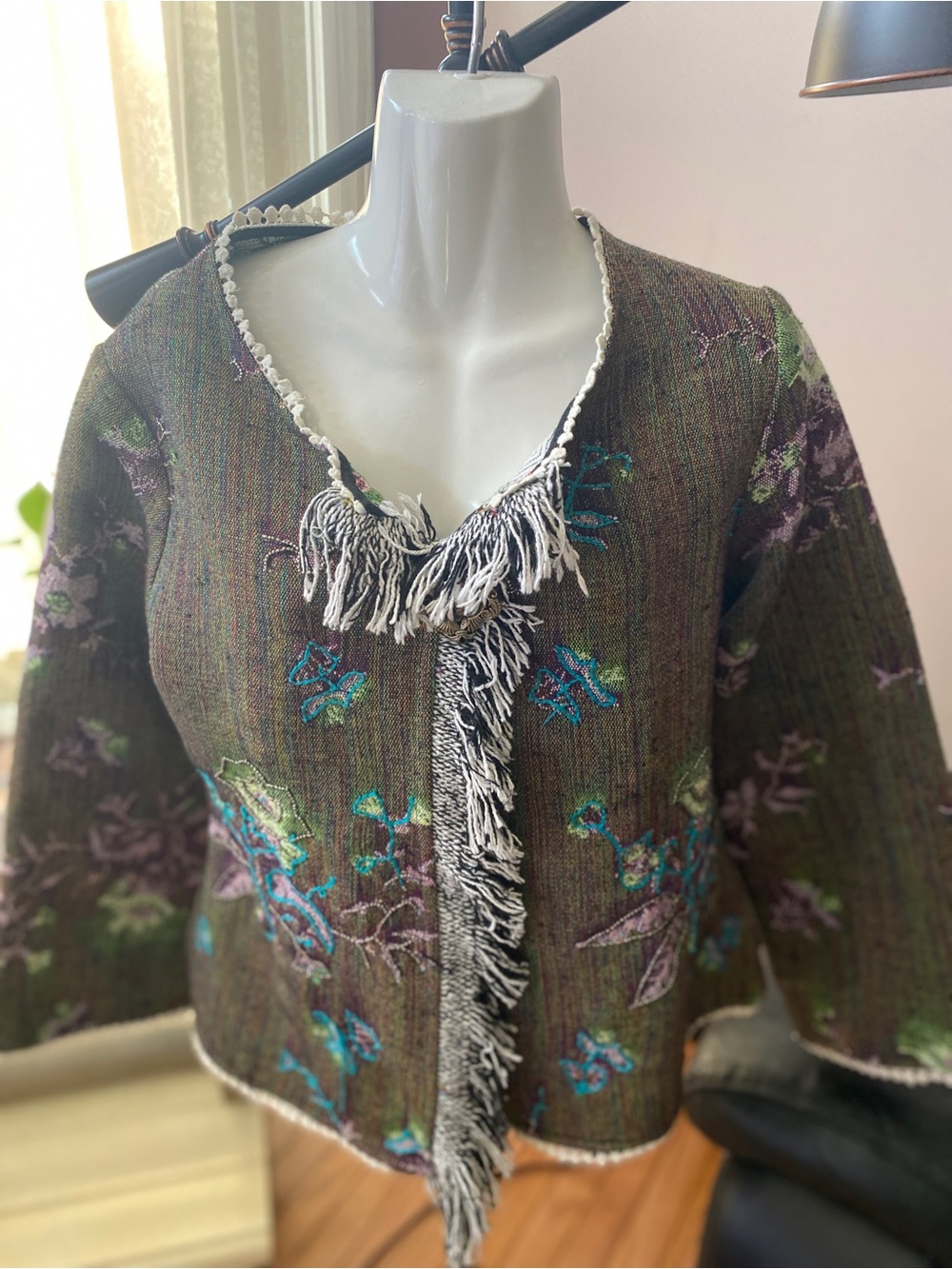 Signals Floral Tapestry Open Front Jacket L Boho Fringe Embroidered Cardigan - Picture 3 of 11